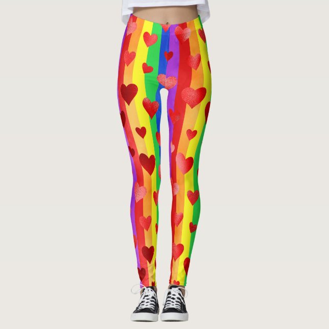 Gay pride Valentine Hearts & Rainbow Rand Leggings (Framsida)