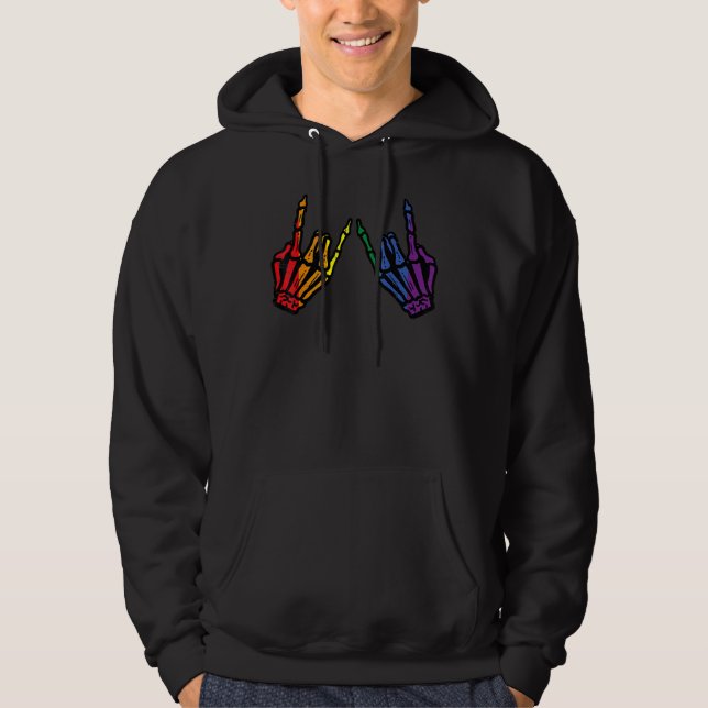 Gay Rocker Skeleton Hands Rainbow Pride Lgbt Rock  Hoodie (Framsida)