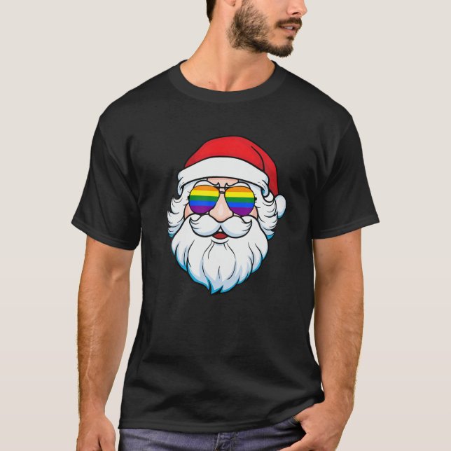 Gay Santa Claus Christmas Rainbow Sunglasses LGBT T Shirt (Framsida)