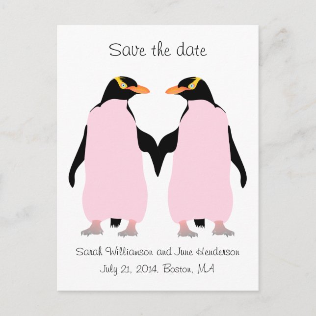 Gay Save the date, rosa penguins Meddelande Vykort (Framsida)