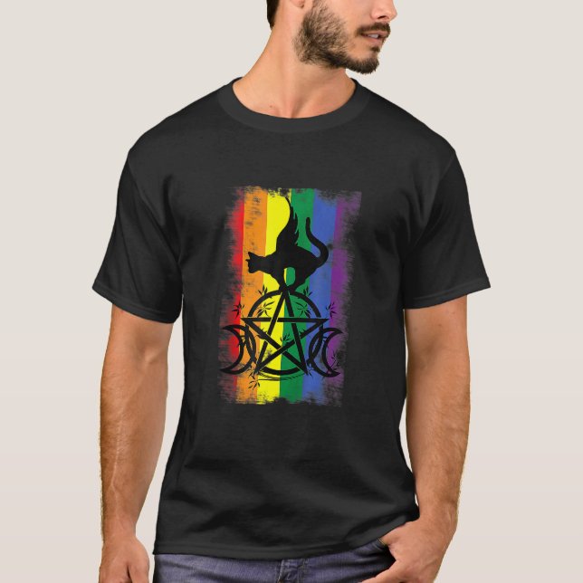 Gay Witch Pride Flagga Triple Måne Pentacle Wicca  T Shirt (Framsida)