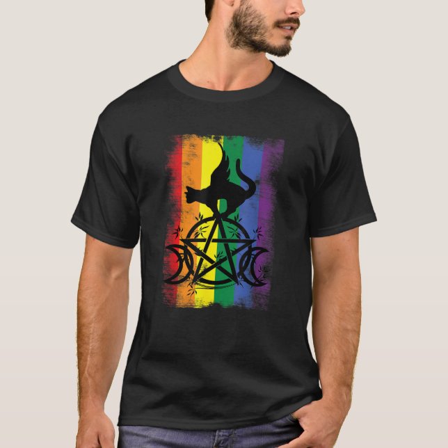 Gay Witch Pride Flagga Triple Måne Pentacle Wicca  T Shirt (Framsida)