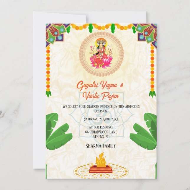 Gayatri Yagna Vastu Pujan Hindu Indian Blommigt Inbjudningar (Framsida)
