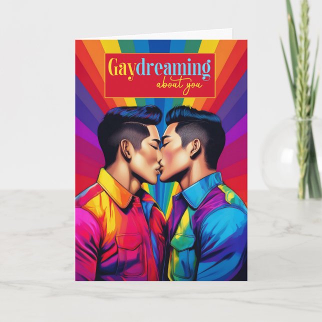 Gaydreaming Asian American Gay Couple Rainbow Kärl Kort (Framsida)