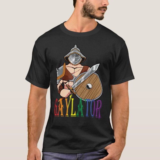 Gaylator Rainbow Warrior with Sword and Shield T Shirt (Framsida)