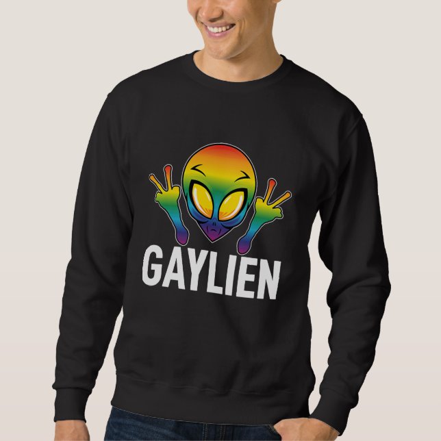 Gaylien Gay Alien We are all Human Rainbow Colour Lång Ärmad Tröja (Framsida)