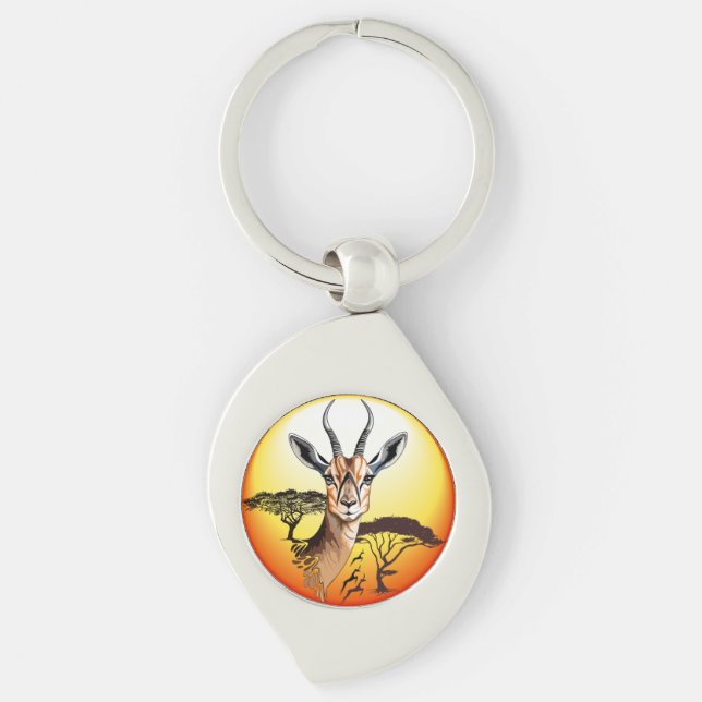 Gazelle African Antelope Vild Animal Swirl Silverfärgad Nyckelring (Framsidan)