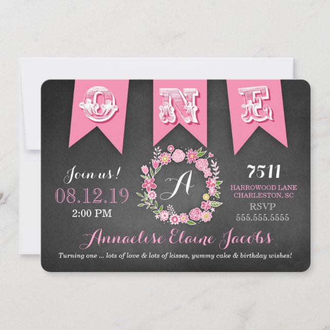 GC Girl First Birthday Banner Chalkboard Inbjudningar (Framsida)