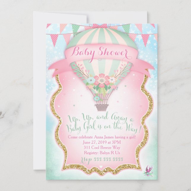 GC Luftballong Baby Shower Girl Inbjudningar (Framsida)