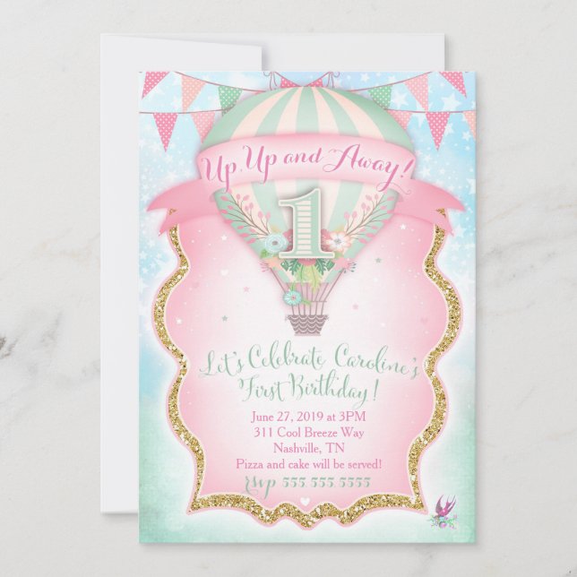GC Luftballong Första födelsedagen Caroline Inbjudningar (Framsida)