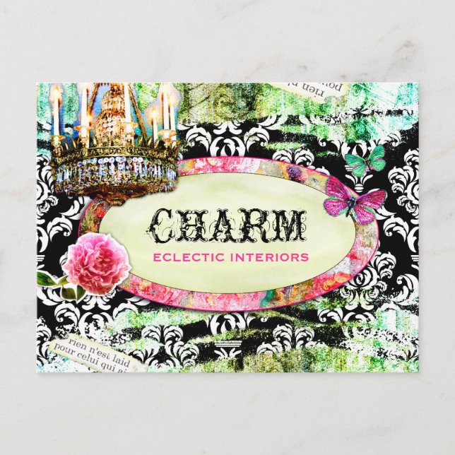 GC Shabby Vintage Charm Black Damask Vykort (Framsida)