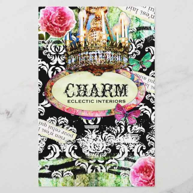 GC | SHABBY Vintage Charm - Svart Damask Flygblad (Framsidan)
