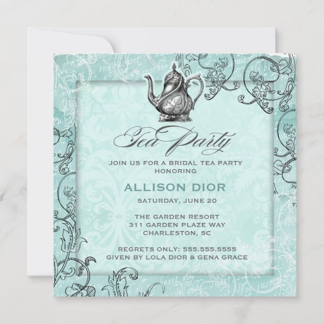GC Teal Blue Tea Party Vintage Inbjudningar (Framsida)