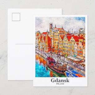 Gdansk Poland Travel Watercolor Hand plockade Vykort