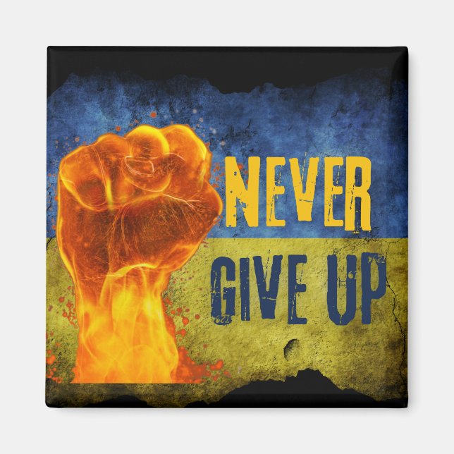 Ge aldrig Ge upp Ukraina med lamning Fist Magnet (Framsidan)