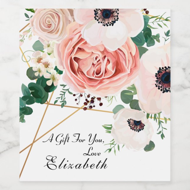 Ge dig Elegant Rosa Flowers Personalize Vinflaska Etikett (Singel etikett)