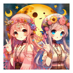 Ge Fredsteckenet Anime Girl Hippie Måne Girls Fototryck