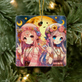 Ge Fredsteckenet Anime Girl Hippie Måne Girls Julgransprydnad Keramik