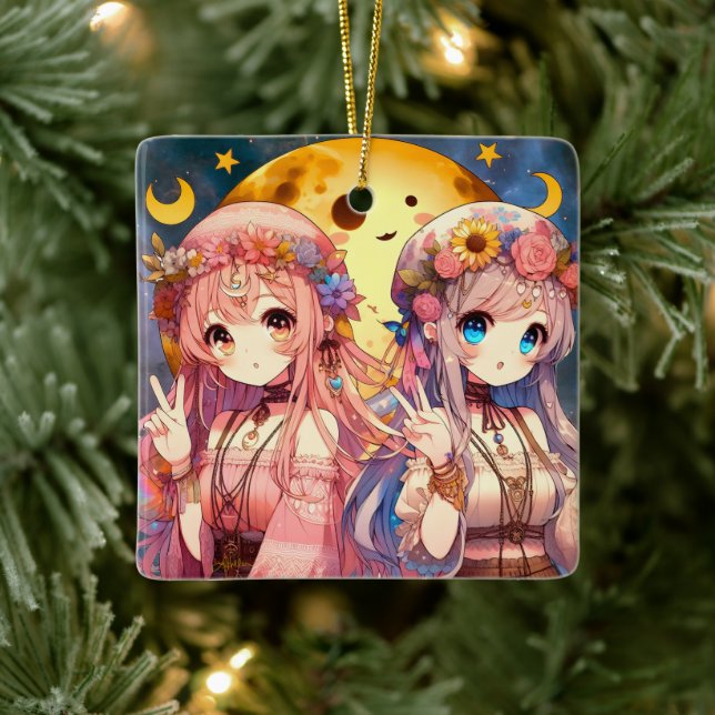 Ge Fredsteckenet Anime Girl Hippie Måne Girls Julgransprydnad Keramik (Träd)