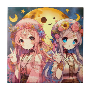 Ge Fredsteckenet Anime Girl Hippie Måne Girls Kakelplatta