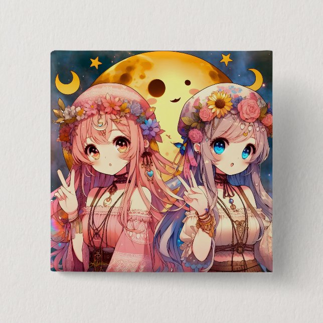 Ge Fredsteckenet Anime Girl Hippie Måne Girls Knapp (Framsida)