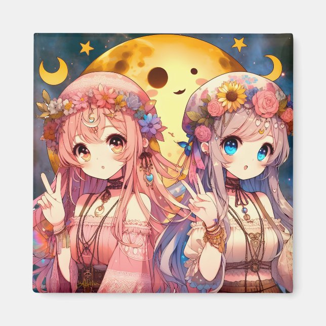 Ge Fredsteckenet Anime Girl Hippie Måne Girls Magnet (Framsidan)