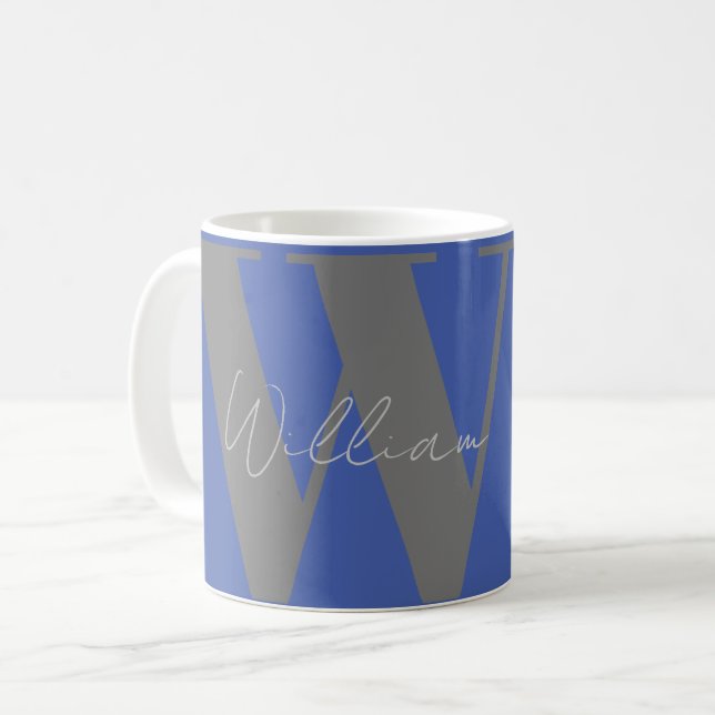 ge honom Monogram namn blue grått snyggt mugg kopp (Framsida vänster)