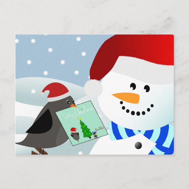 Ge jristmas-kort för fåglar till snögubbe helg vykort (Framsida)