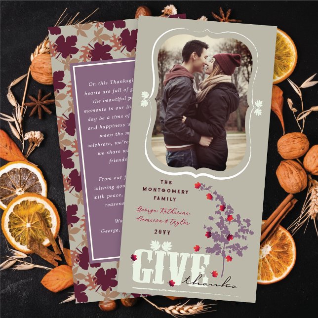 Ge Löv  Thanksgiving Photo Julkort (Give Thanks Falling Leaves Thanksgiving Photo Holiday Card @ fat_fa_tin)