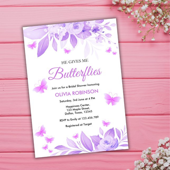 Ge Me Butterflies Lila Möhippa Inbjudningar (He Gives Me Butterflies Purple Bridal Shower Invitation )