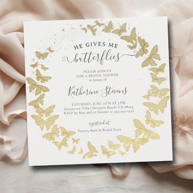 Ge Me Butterflies Modern Guld Möhippa Inbjudningar (he gives me butterflies bridal shower invitation gold foil butterfly garden whimsical elegant modern)