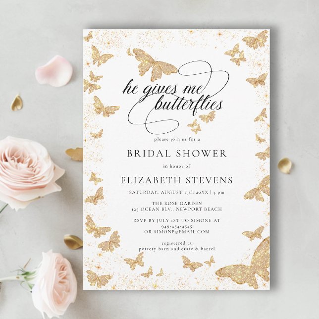 Ge Me Butterflies Romantic Möhippa Inbjudningar (he gives her butterflies bridal shower theme invite gold romantic calligraphy elegant boho chic)