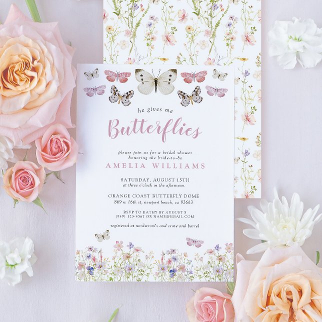 Ge Me Butterflies Rosa Blommigt Möhippa Inbjudningar (Easily personalize this beautiful butterfly bridal shower invitation for the perfect celebration!)