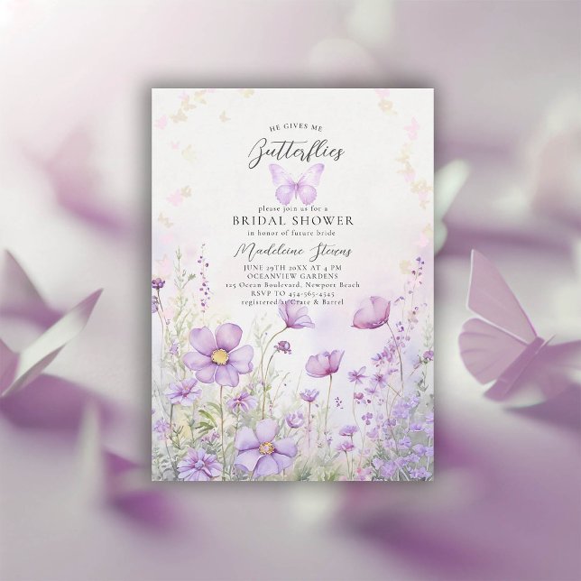 Ge Me Butterflies Wildblomme Möhippa Inbjudningar (he gives me butterflies purple wild flower garden watercolor bridal shower invitation)