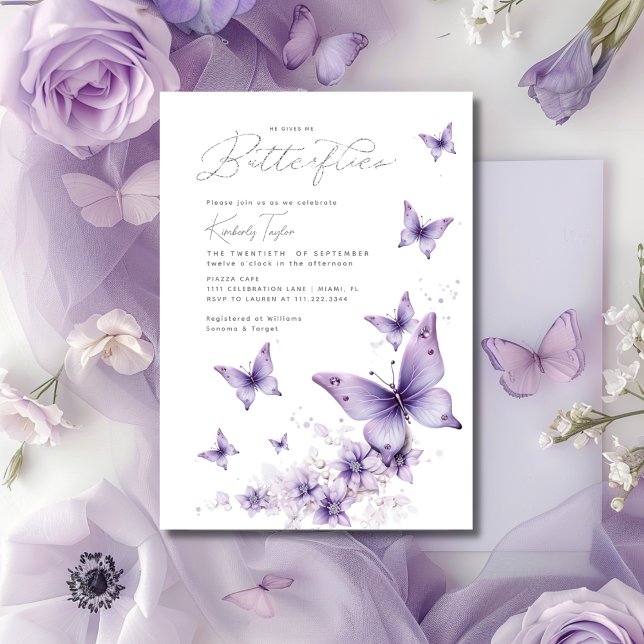 Ge Me Lila Butterflies Möhippa Inbjudningar (He Gives Me Purple Butterflies Bridal Shower Invitation)