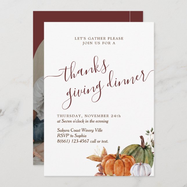 Ge middag för minimal ljusbågsfoto, Burgundy Inbjudningar (Fram/baksida)