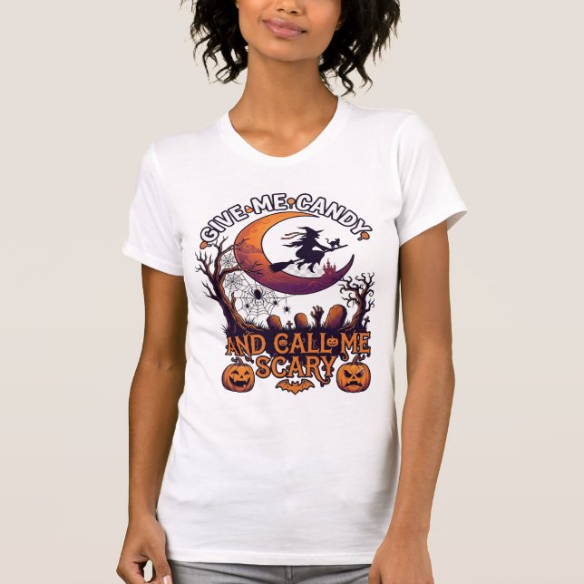 Ge Mig Godis Ring Skrämmande Häxa Månad Pumpa T Shirt (Framsida)