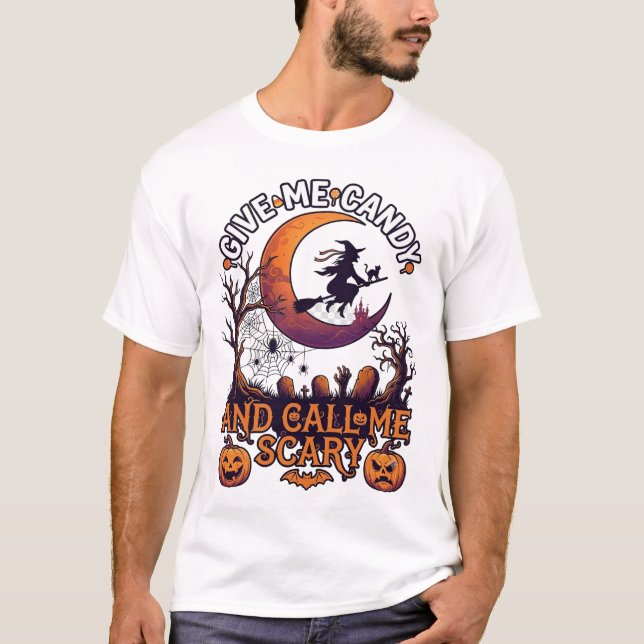 Ge Mig Godis Ring Skrämmande Häxa Måne Pumpa T Shirt (Framsida)