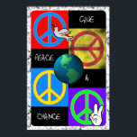 Ge Peace a Chance Pop Art Poster<br><div class="desc">Skaffa tillväxt och främja världsfreden med denna Ge Peace a Chance Poster med fyra färgstarka fredstecken,  3D-jord och en duva i roligt och funky färg i äkta hippie stil. Klicka på någon av poster-ikonerna nedan om du vill visa den som poster i större format.</div>
