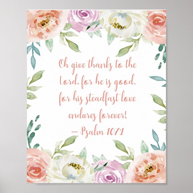 Ge Tack, bibel Verse Girly Watercolor Blommigt Poster (Framsidan)