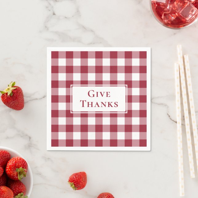 Ge Tack Burgundy Gingham Check Thanksgiving Pappersservett (Insitu)