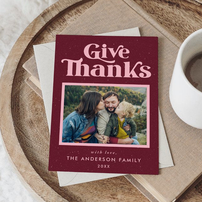 Ge Tack Burgundy Retro Thanksgiving Photo Julkort (Skapare uppladdad)