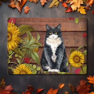 Ge Tack Cat och solblommor på hösten Helgkort