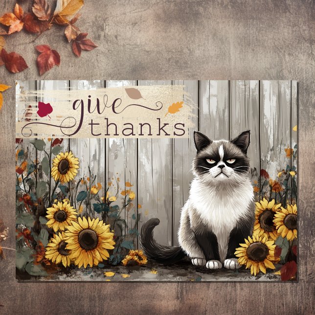 Ge Tack Cat och Sunblommor Funny Thanksgiving Helgkort (Front - Give Thanks Cat and Sunflowers Funny Thanksgiving Holiday Card)