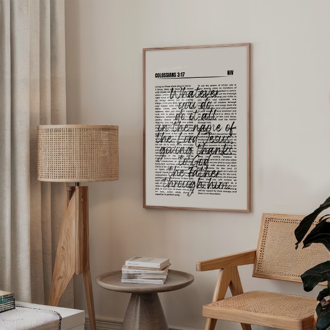 Ge Tack Colossians 3:17 Skriv ut Poster (Minimalist Christian wall art featuring Psalm Colossians 3:17 in elegant black bold typography.)