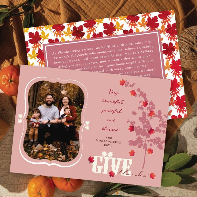 Ge Tack: Falling Löv Träd Thanksgiving Photo Julkort (Give Thanks Falling Leaves Tree Thanksgiving Photo Holiday Card @ fat_fa_tin)