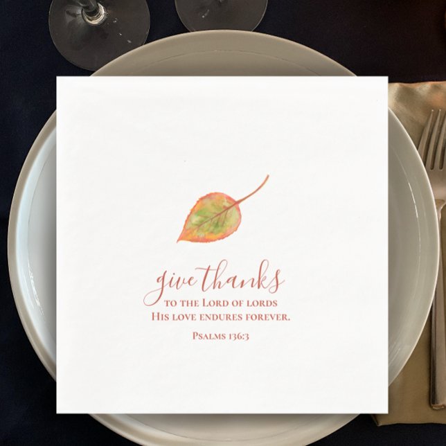Ge Tack för minimalistisk Thanksgiving med vattenf Pappersservett (Give thanks scripture Thanksgiving napkin. Modern minimalist hand painted watercolor leaf.)
