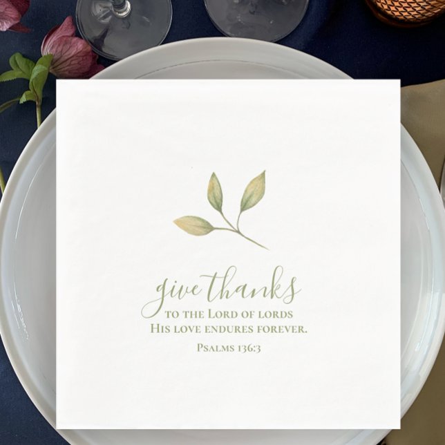 Ge Tack för Thanksgivingen Vattenfärg med enkel El Pappersservett (Original hand painted watercolor greenery custom napkin. Give thanks Bible scripture Thanksgiving.)