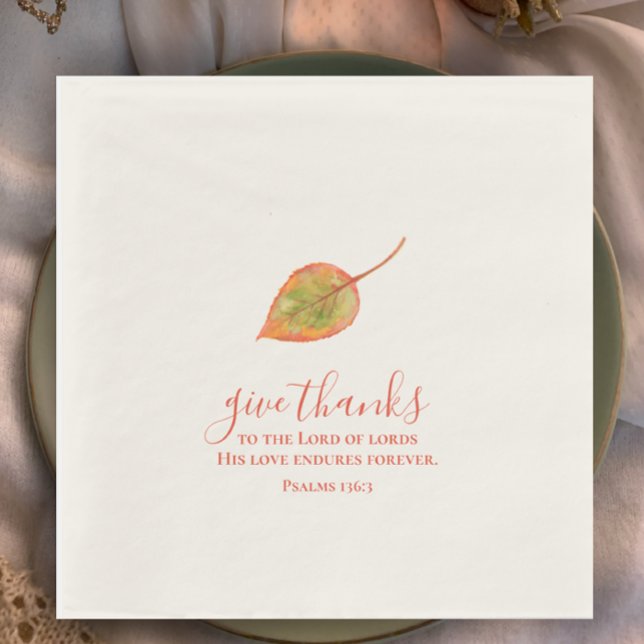 Ge-tack, handmålad, minimalistisk vattenfärg pappersservett (Minimalistic hand painted watercolor fall leaf Thanksgiving religious napkin. Give thanks scripture.)