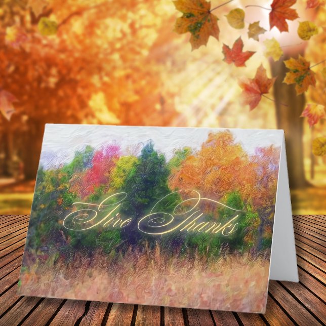 Ge Tack Höstlandskap Thanksgiving Helgkort (Elegant autumn landscape with “Give Thanks” in golden script — a timeless Thanksgiving greeting.)
